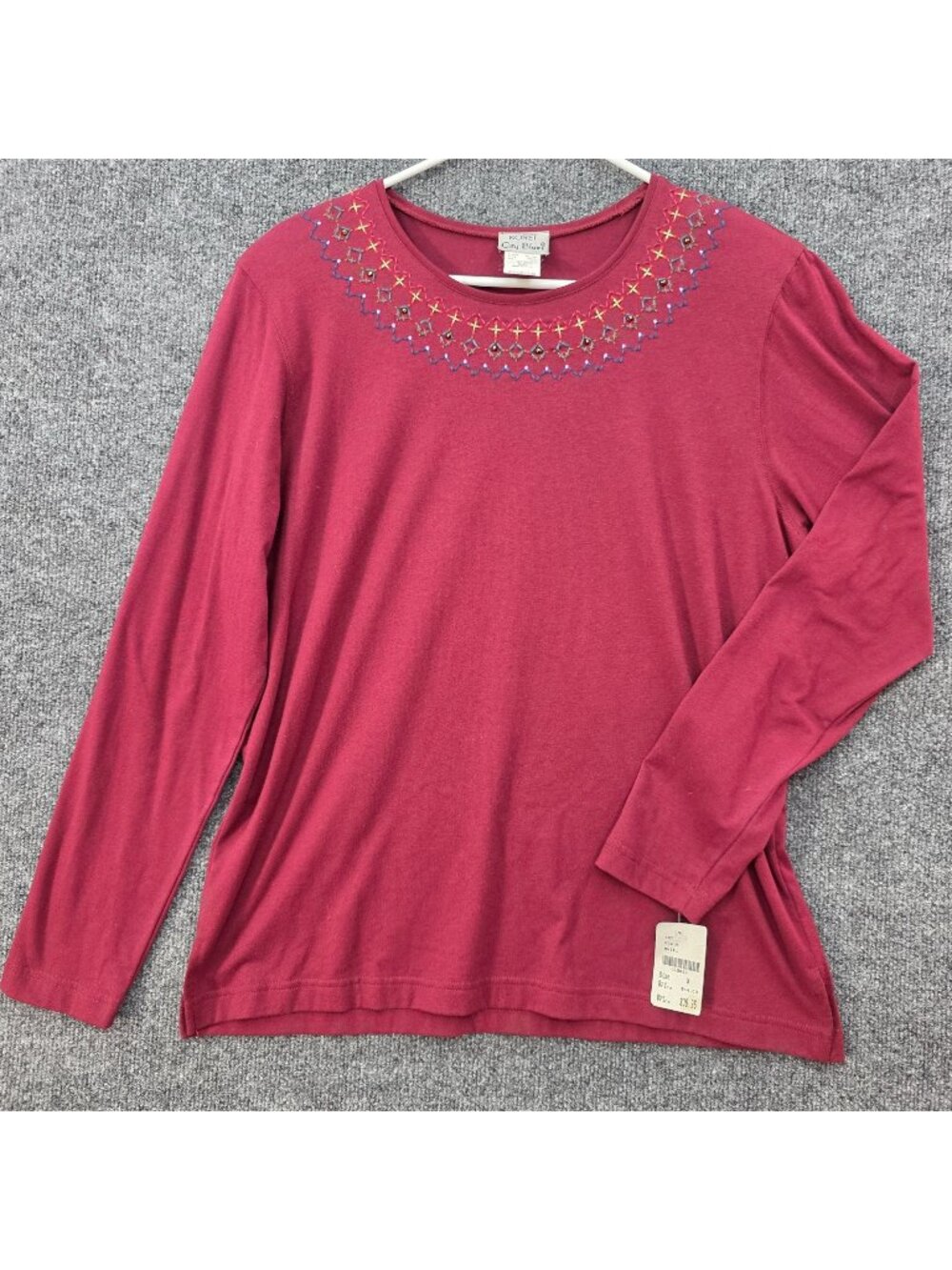 Vintage Koret City Blues Embroidered Long Sleeve Top M Burgundy Cotton Y2K Boho